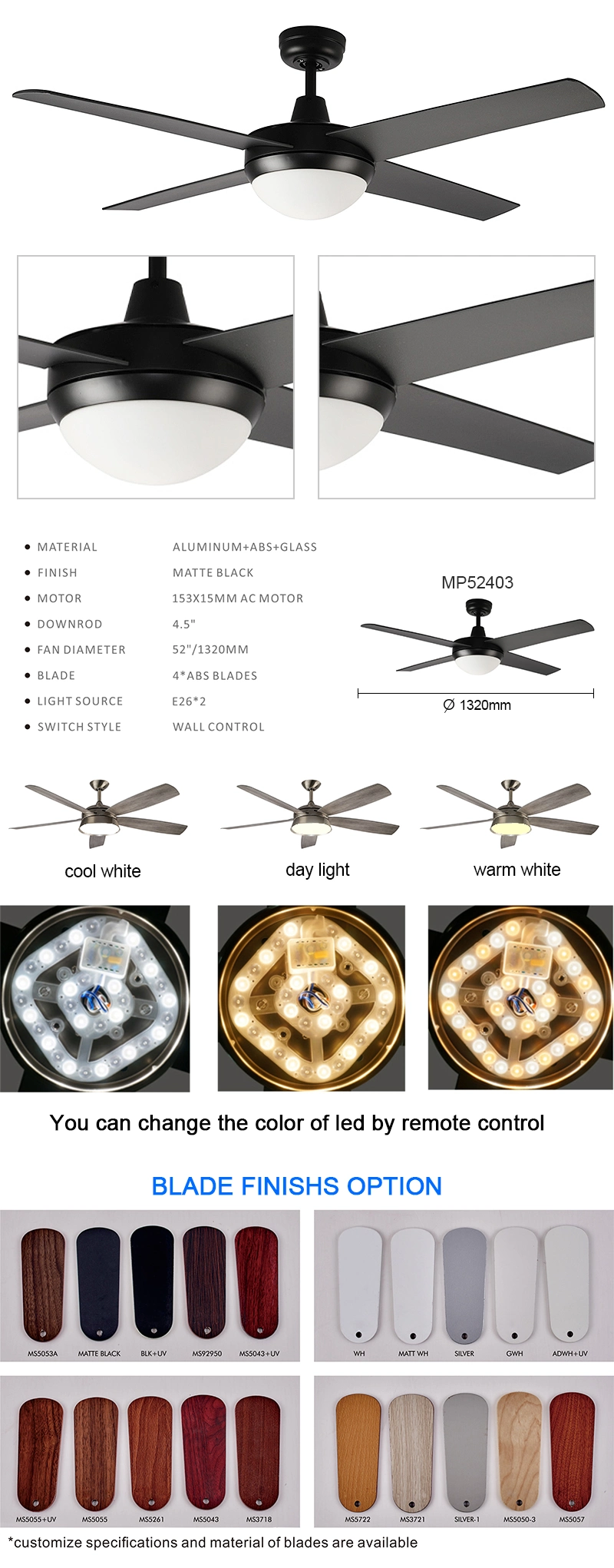 Home Appliance Crystal Matte Black Gorgeous Reversible Fan Blade Ceiling Fan with LED Light Bedroom Living Room Ceiling Fan