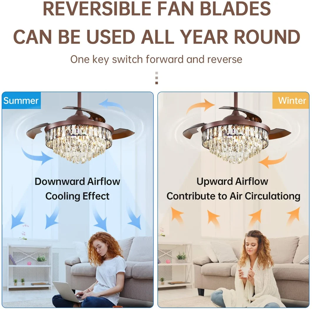 Luxury Design 42 Inch Folding Hidden Blade High Quality Chandelier Crystal Ceiling Fan