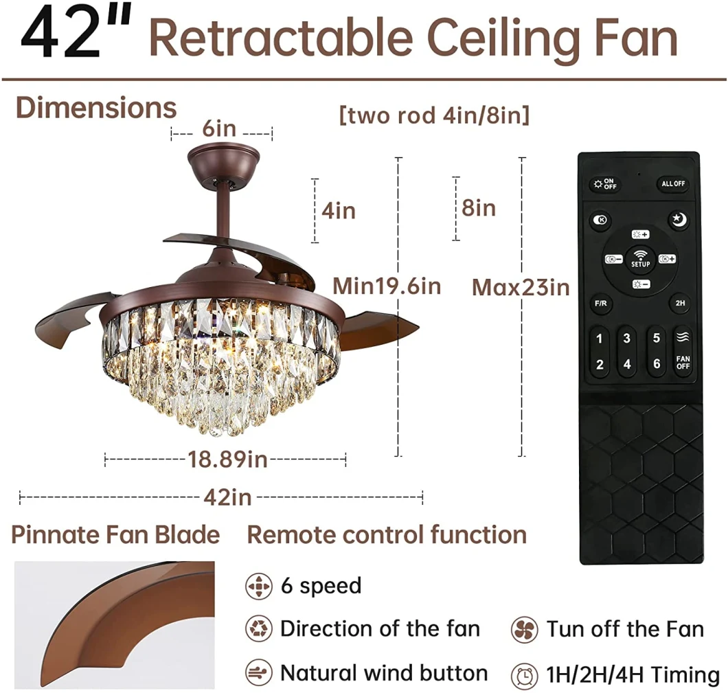 Luxury Design 42 Inch Folding Hidden Blade High Quality Chandelier Crystal Ceiling Fan