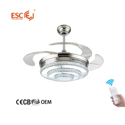 Tri Color Dimmable 42 Inch Retractable Ceiling Fans with Crystal Chandeliers