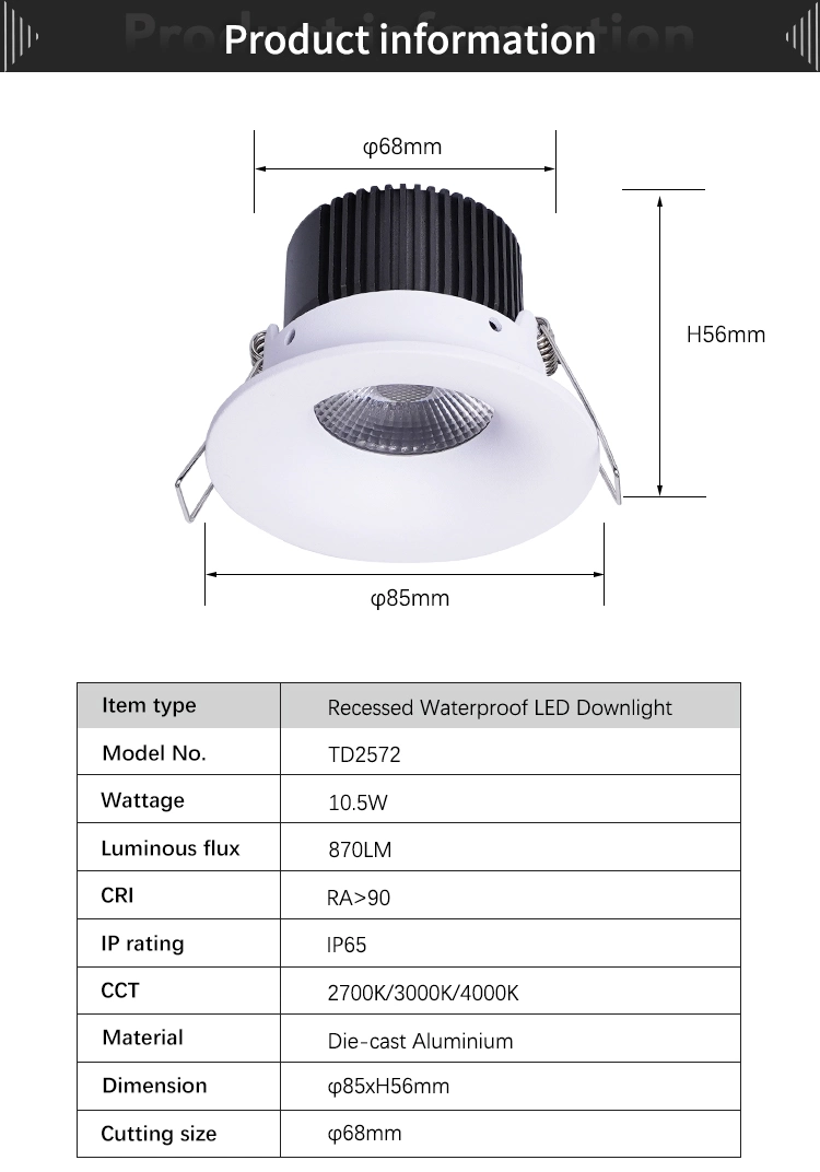 Diecast Aluminum Ceiling Spotlight Round 11W Beam Angle Recessed LED Downlight