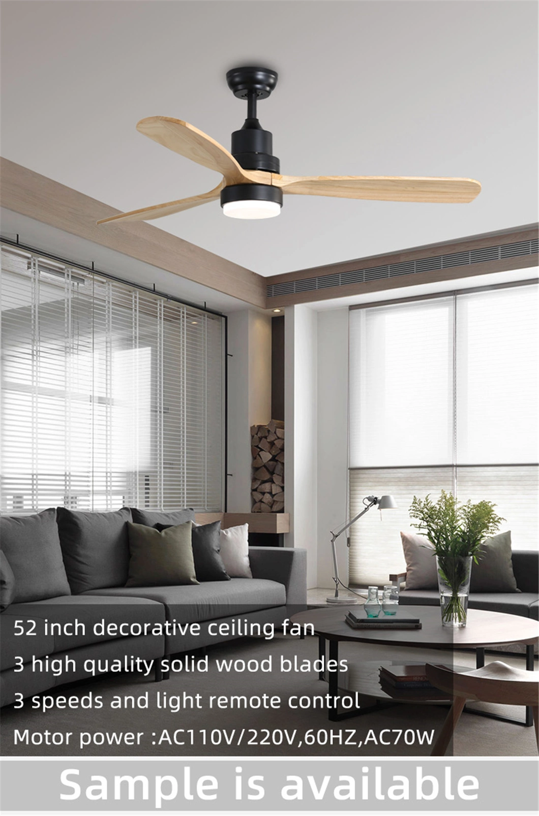 Modern Decorative Remote Control 220V 240V 52 Inch Wood Blades Fan with Light for ceiling