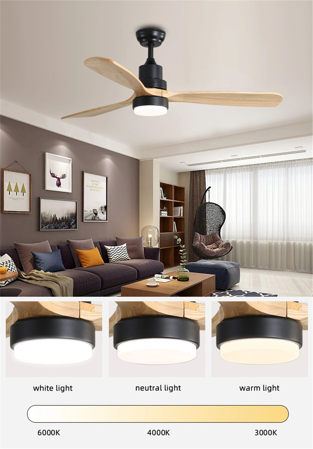 Modern Decorative Remote Control 220V 240V 52 Inch Wood Blades Fan with Light for ceiling