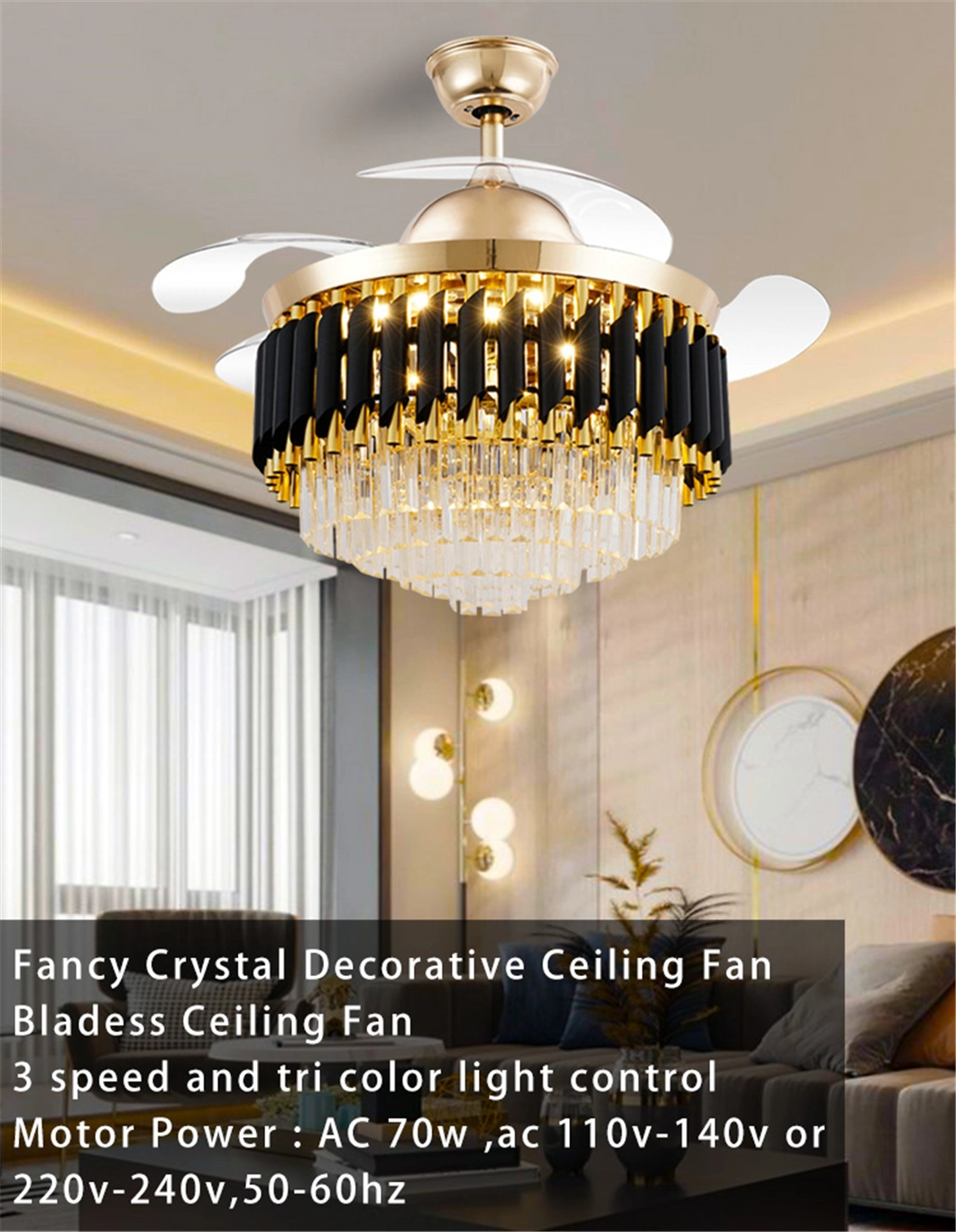 Modern Ceiling Fan Bladeless Fancy Crystal LED Light Retractable Ceiling Fan with Light and Remote