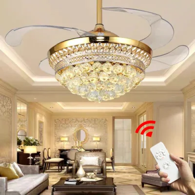 42 Inches Crystal Ceiling Fan with Remote Control LED Dimmable Chandelier Fan Reverse Blades for Dining Room Bedroom
